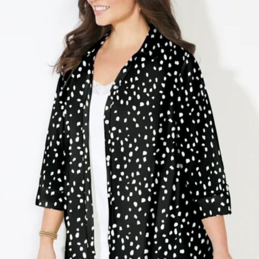 Catherines Women's 1X PLUS Black & White Button Collared Career Casual Blouse - Picture 6 of 7